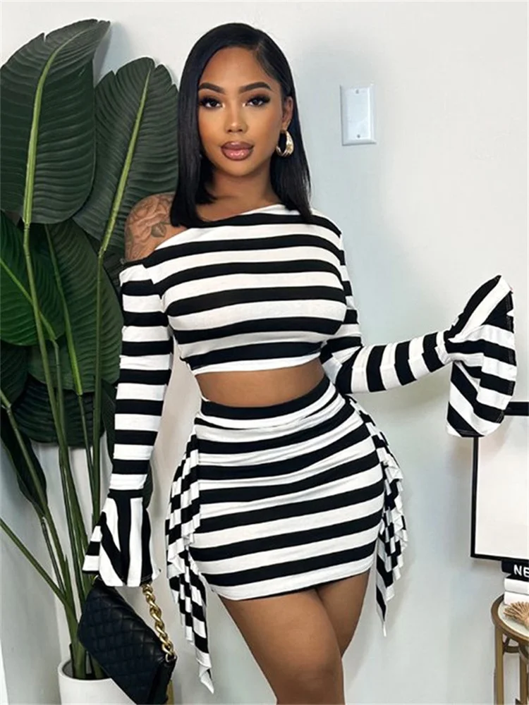 Colourp Simenual Y2K Aesthetics Women Striped Co-ord Suits Fairy Flare Sleeve Skew Collar Crop Tops Sexy Mini Skirts Slim 2 Piece Sets
