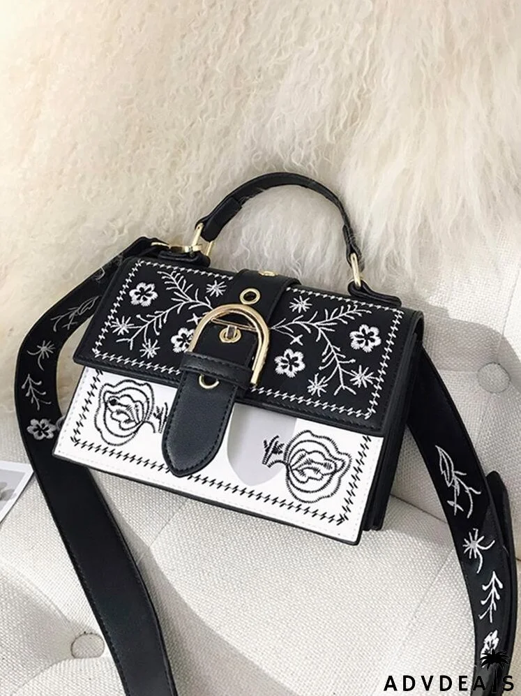 Buckle Decor Floral Embroidered Bag