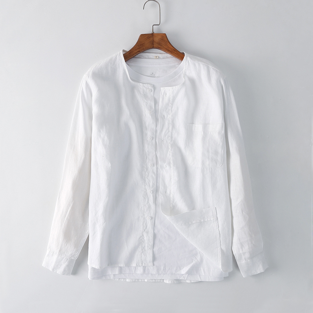 Chemise blanche à col rond pour hommes, 100% lin européen- SOIE PLUS