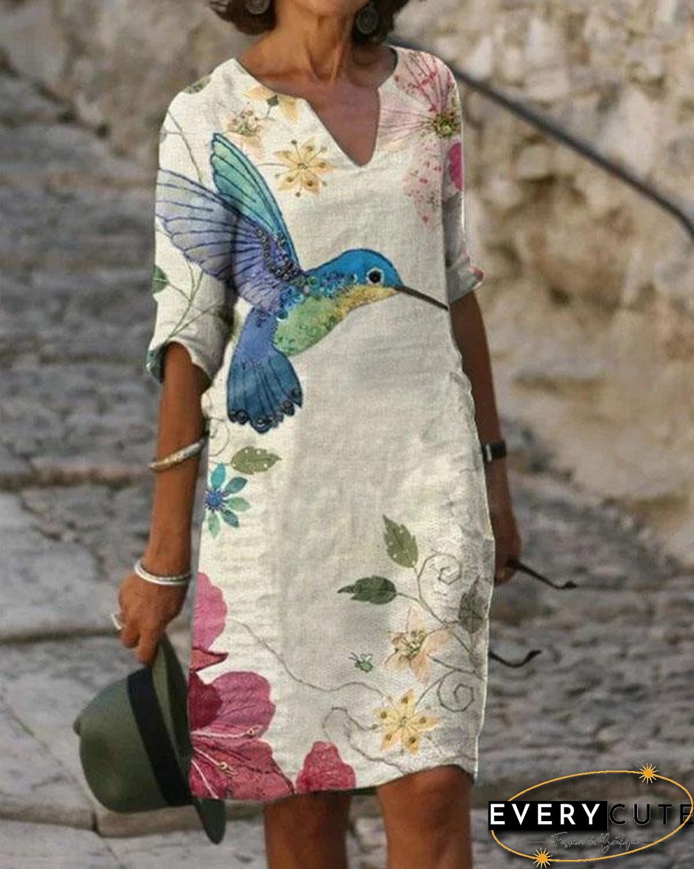 Ladies V-neck Printed Casual Shift Dress