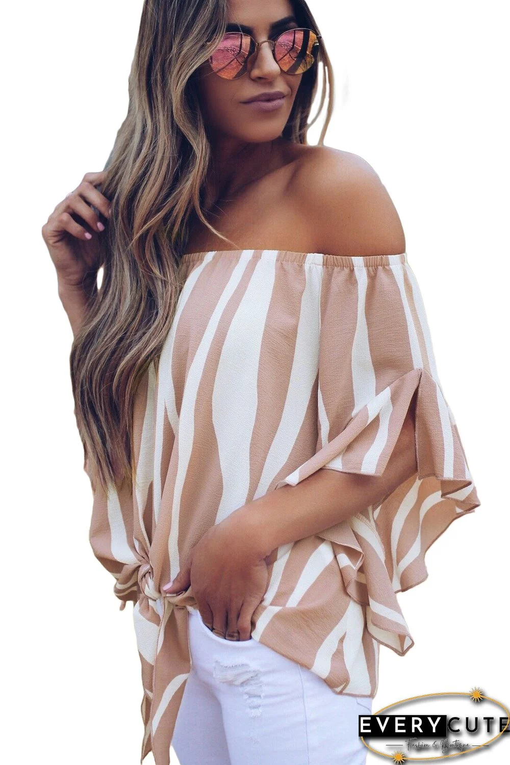 Off The Shoulder Vertical Stripes Blouse in Pink