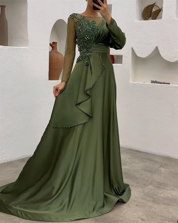 Women's Green Round Neck Embroidered Dress 