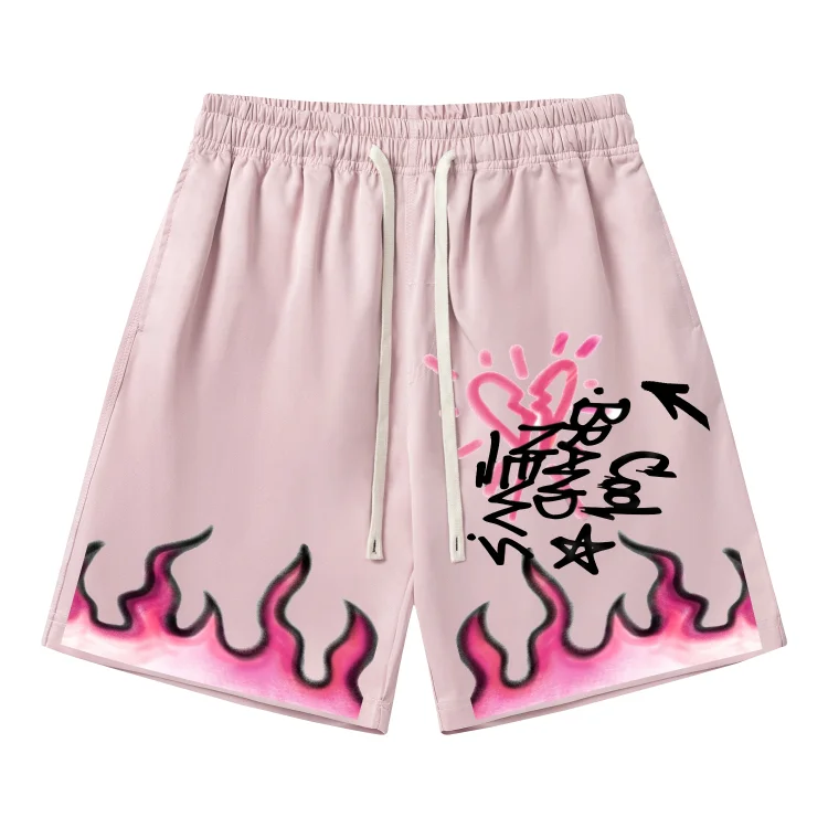 Hip Hop Flame Print Beach Shorts Straight Casual Pants at Hiphopee