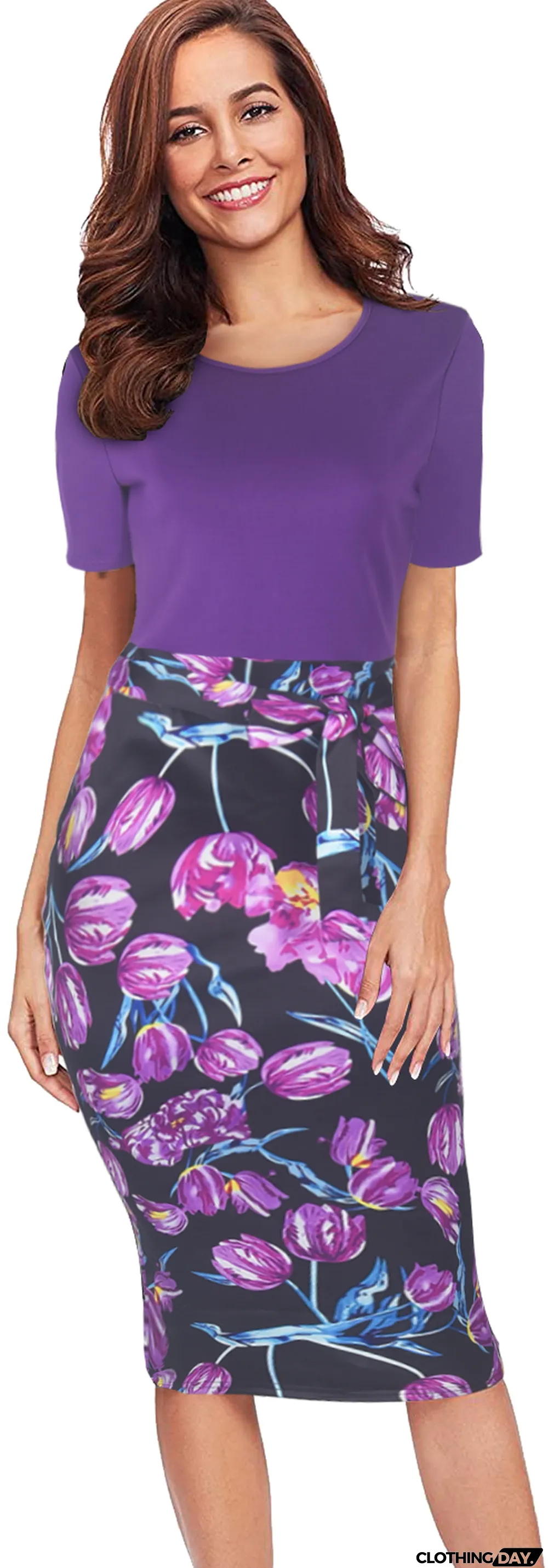 Office Patch Print Short Sleeve Pencil Dress