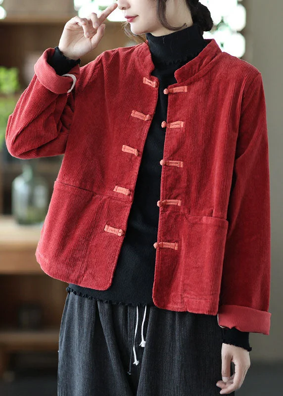 Red Stand Collar Button Pockets Patchwork Fall Corduroy Coats