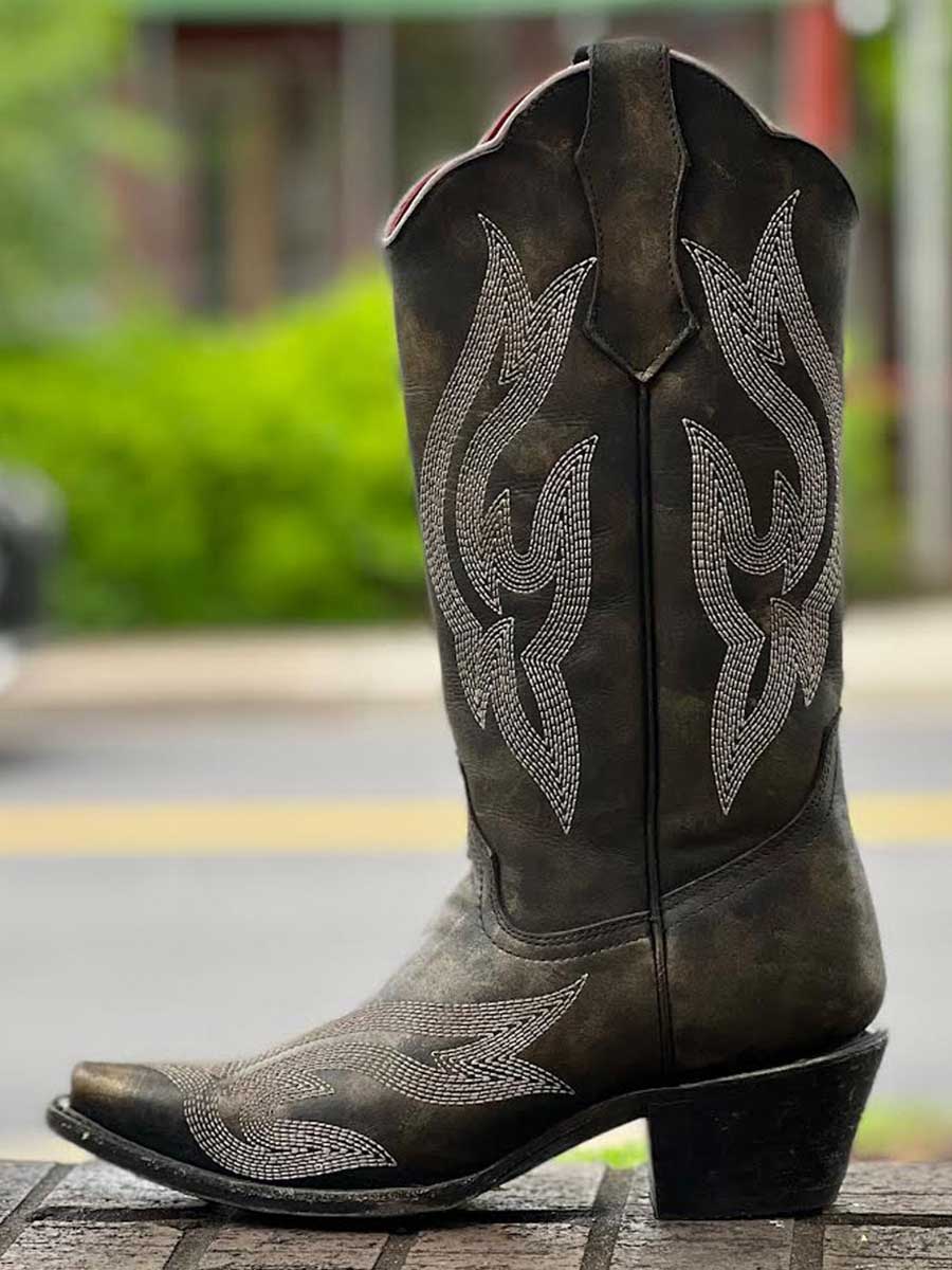 Black & Gold Distressed Embroidered Wide-Calf Block Heeled Cowgirl Boots