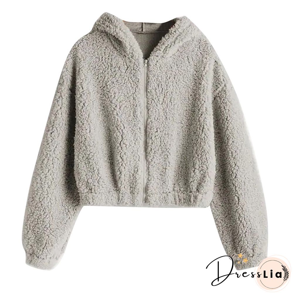 Women Sweatshirt Solid Zipper Long Sleeve Fluffy Plush Sweatershirt Hoodie Tops Women's Hoodie