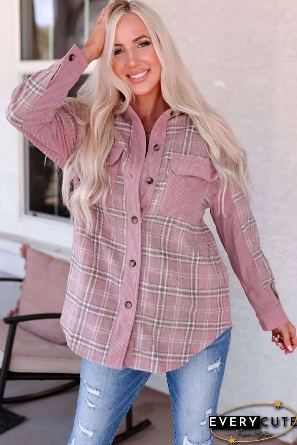 Pink Corduroy Plaid Pattern Shacket