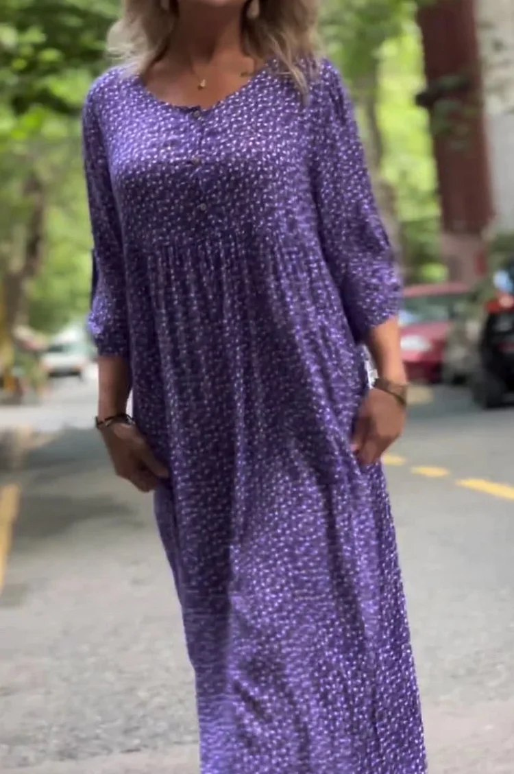 Floral Loose Dress | Round Neck, Long Sleeve, with Pockets 