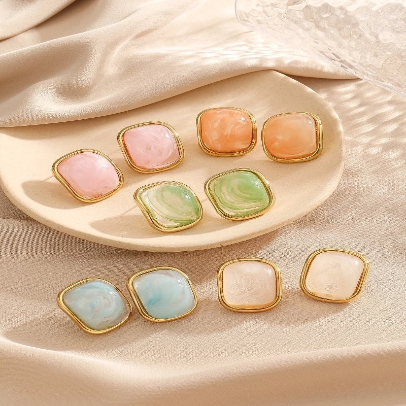 1 Piece Minimalist Rectangle Inlay Titanium Steel Resin 18K Gold Plated Ear Studs