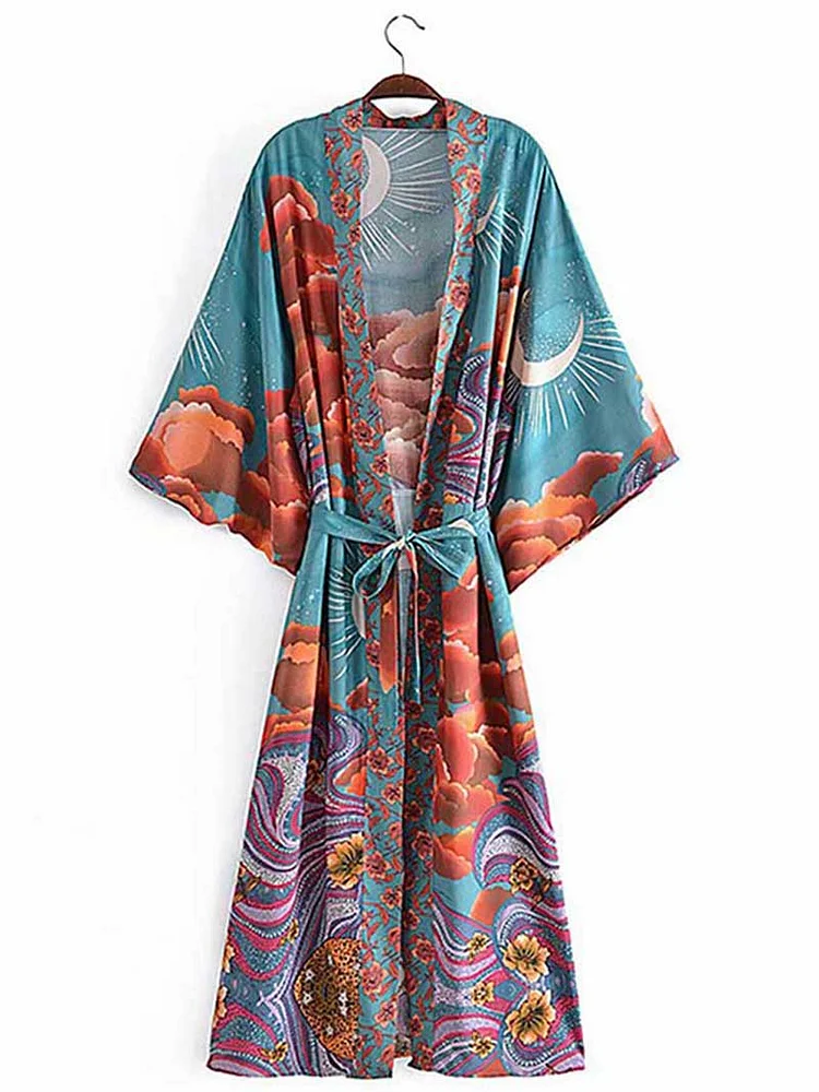 Chic Green Floral With Moon Printed Half Sleeve Lace-up Silk Long Kimono 