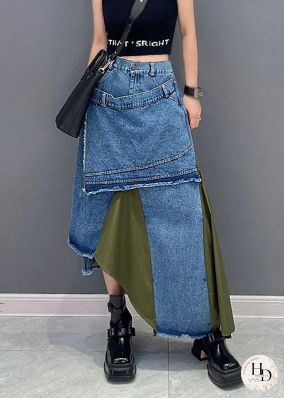 Stylish Green Patchwork High Waist Asymmetrical Denim Skirts Fall