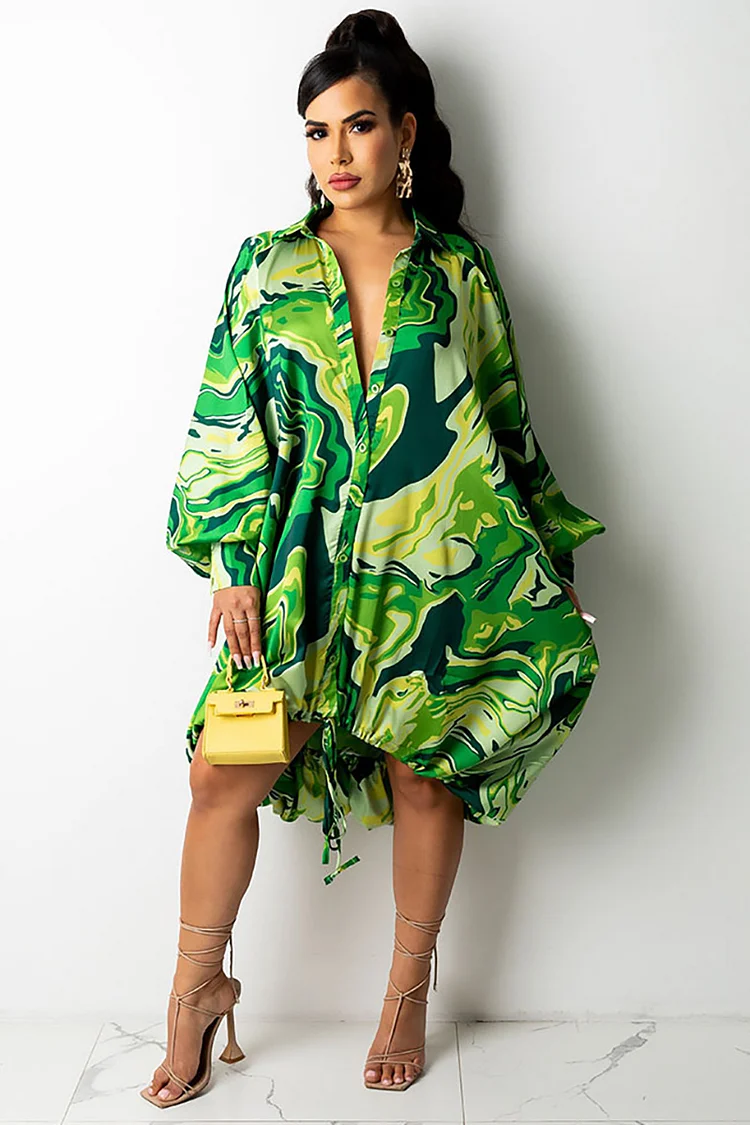 Pattern Print Deep V Neck Lantern Sleeve Vacation Mini Swing Dress