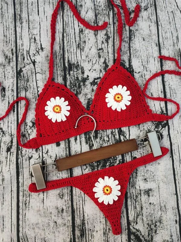 Crochet Floral Split Bikini Swimsuit