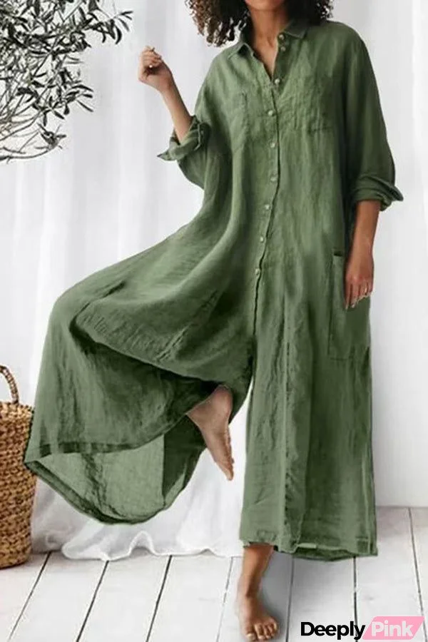 Amaris Cotton and Linen Blend Long Sleeve Loose Wide Leg Shirt Jumpsuit