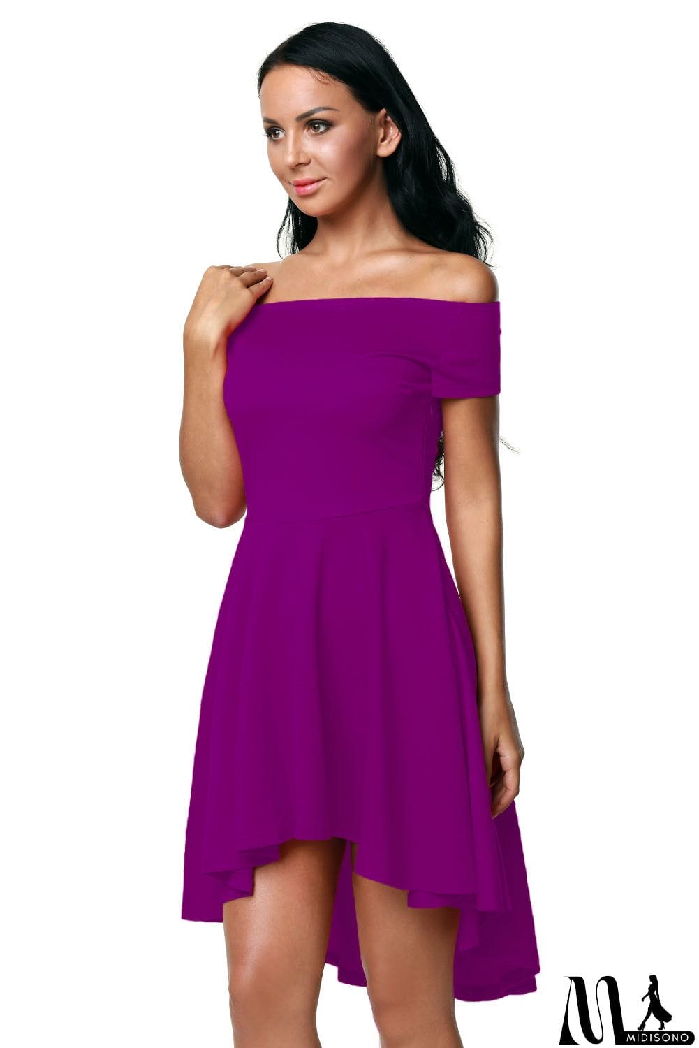 MidiSono - Rosy Off Shoulder High Low Cocktail Party Dress
