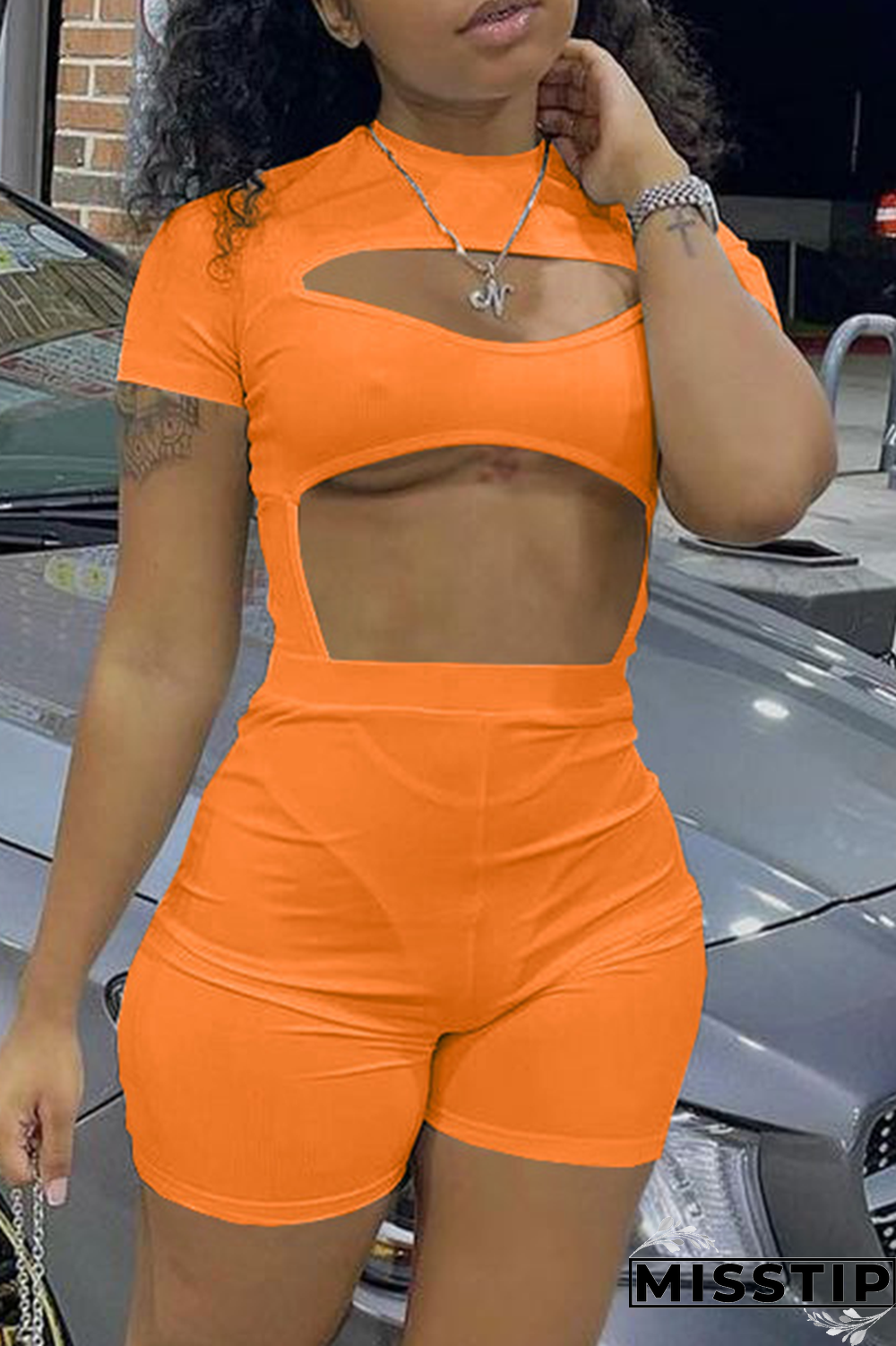 Khaki Sexy Solid Hollowed Out Half A Turtleneck Short Sleeve Two Pieces