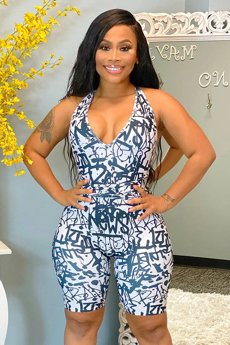 Doodle Print Plunge Neck Halter Slim Fit Casual Playsuit Romper-Blue