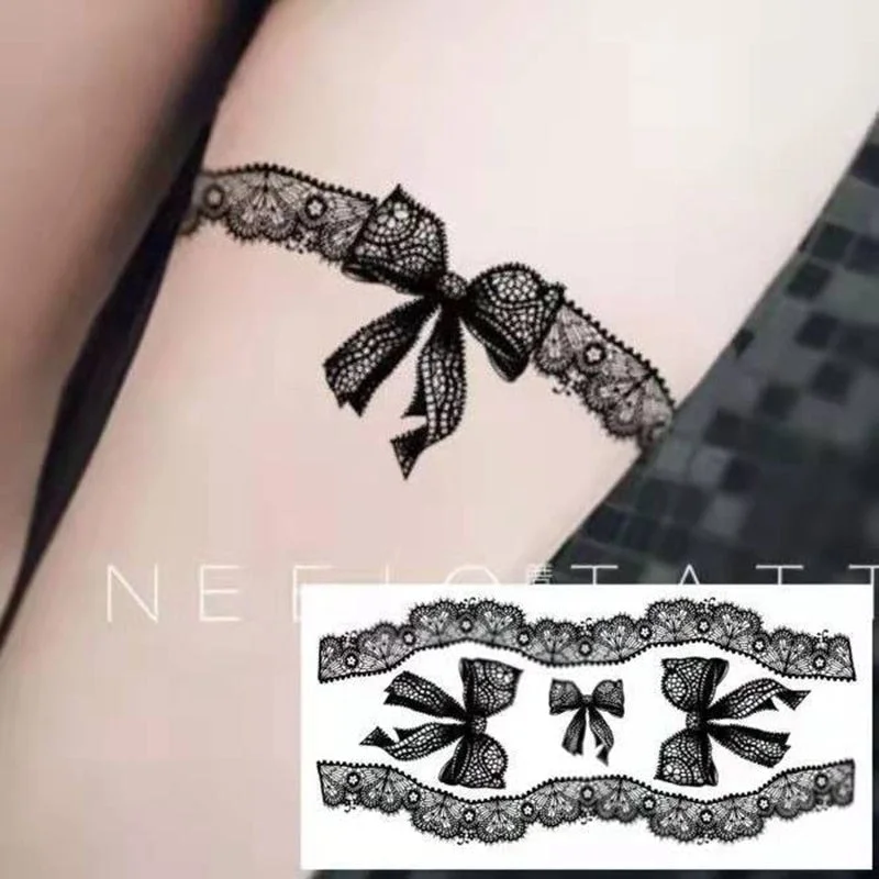 New Black Lace Bow Temporary Tattoo Sticker Waterproof Female Sexy Big Picture Leg Arm Body Art Fake Tattoo Ankle Fashion Tattoo