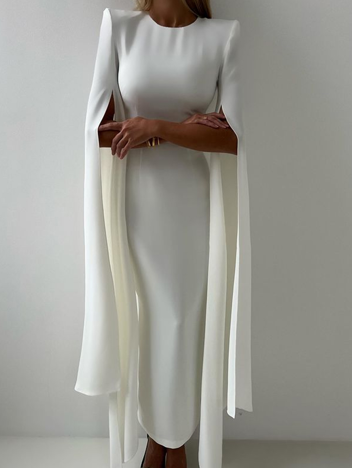 Formal Solid Crew Neck Cape Sleeve Maxi Dress