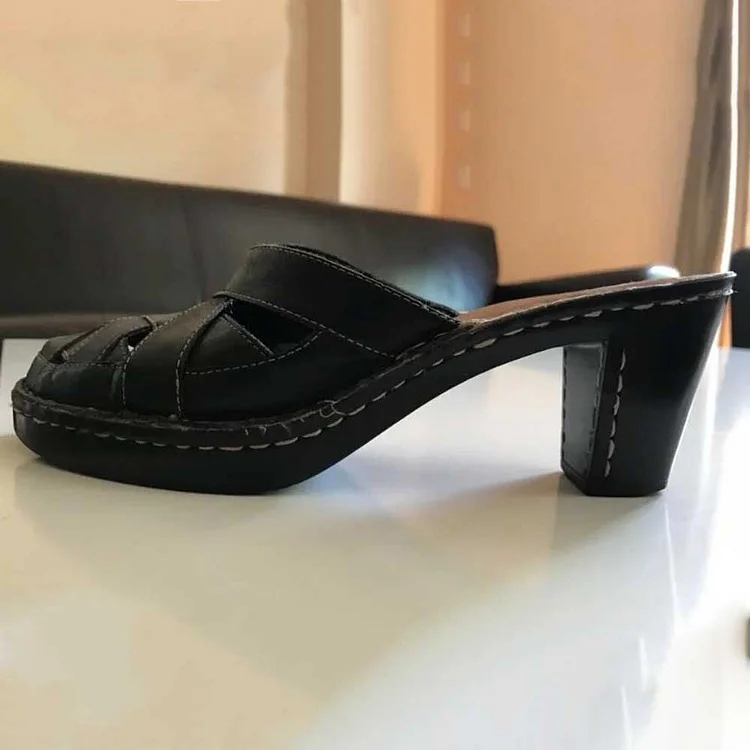 Custom Made Black Strappy Block Heel Mules for Women |FSJ Shoes