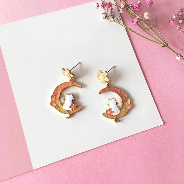 Cute Moon Cat Earrings