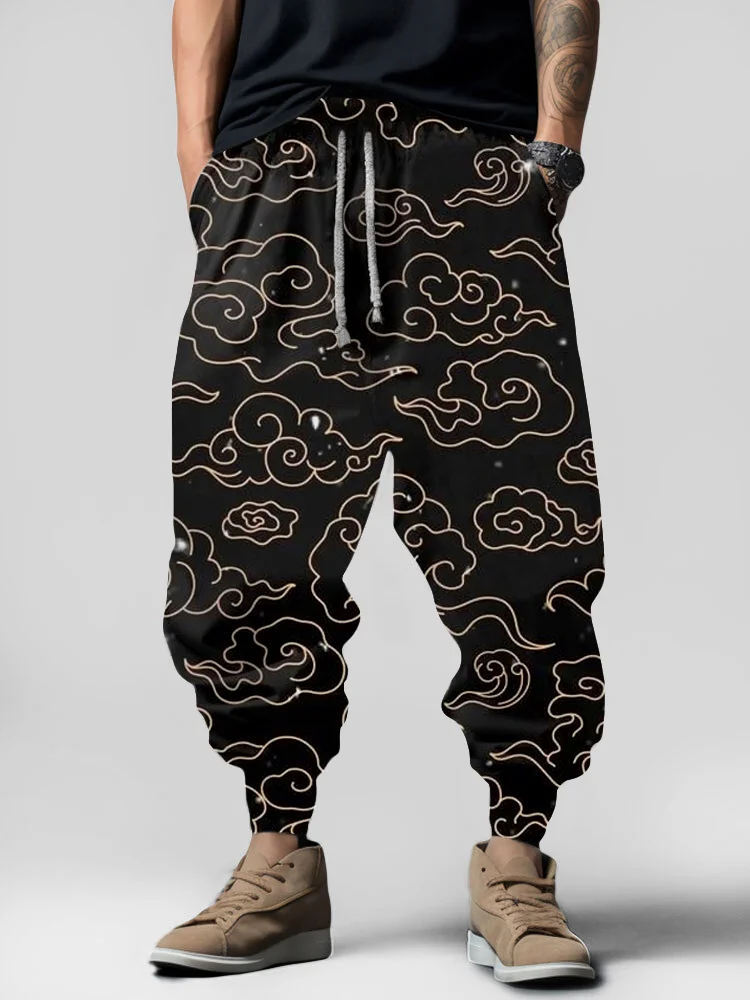Men's Japanese Art Lucky Cloud Element Pattern Print Retro Sweatpants