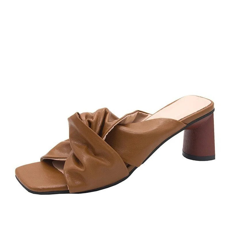 Women Slippers High Heels Chain PU Square Toe Fashion Woman Pumps Summer Sandals Outdoor Comfort Ladies Footwear New 2021