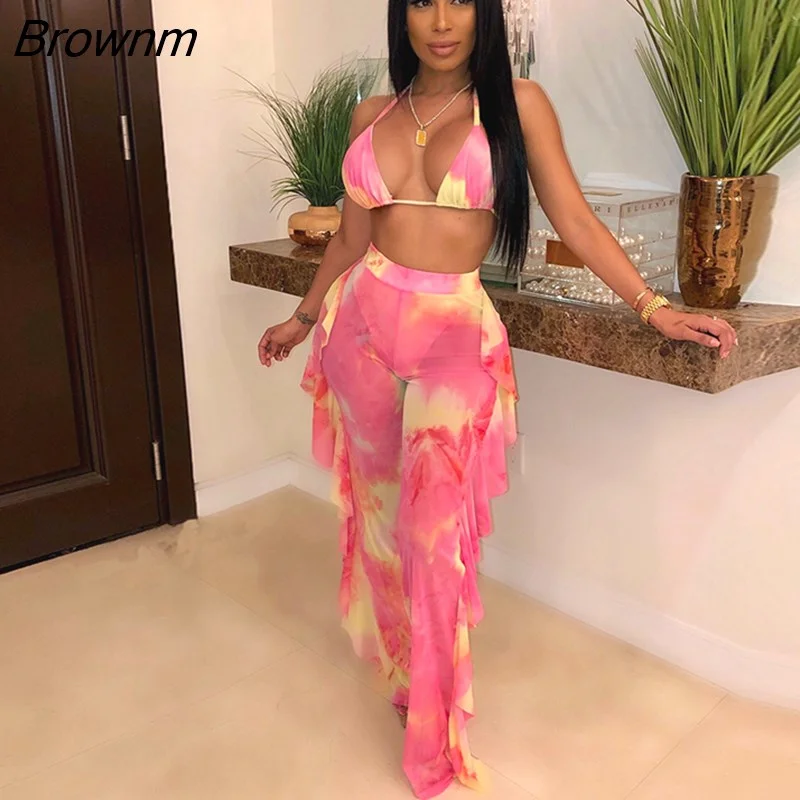 Brownm Tie Dye Print Mesh Summer Beach Two Piece Set with Panties Women Sexy Bra Halter Crop Top Ruffle Wide Leg Pants Suit