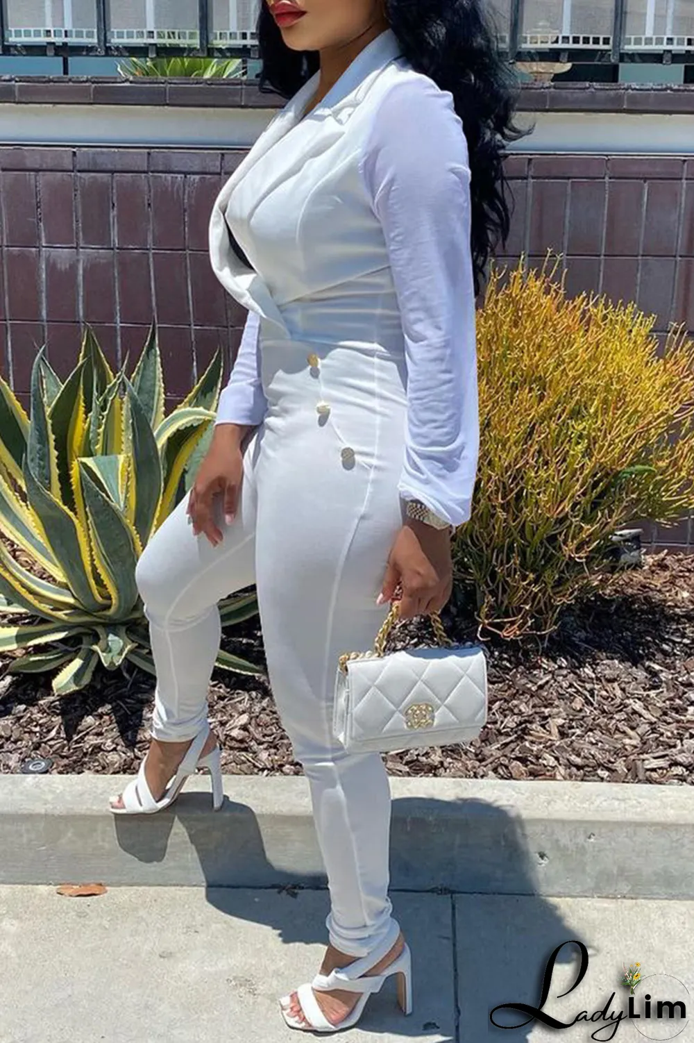 White Fashion Solid Patchwork Turndown Collar Regular Jumpsuits