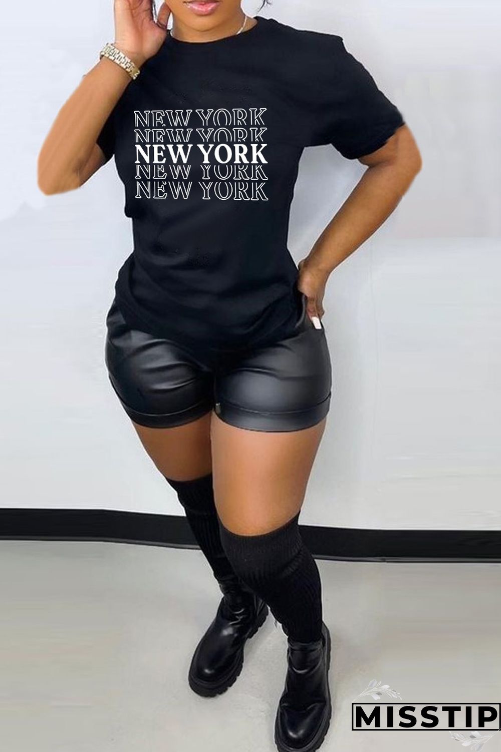 Black Fashion Casual Print Patchwork Letter O Neck T-Shirts