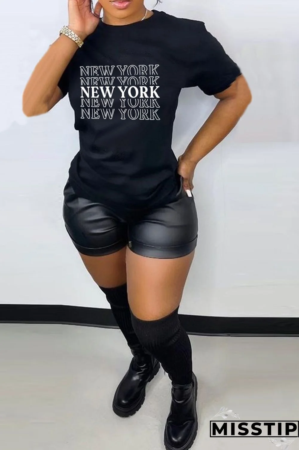 Black Fashion Casual Print Patchwork Letter O Neck T-Shirts