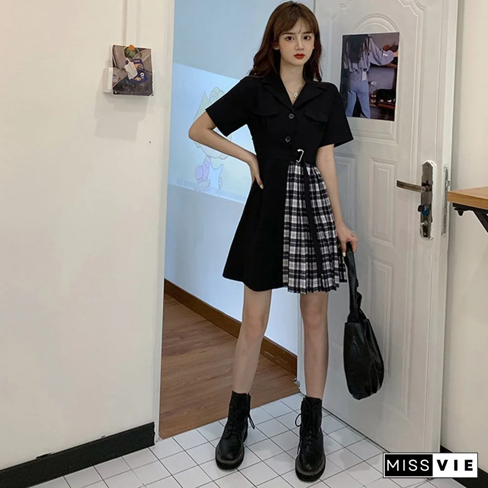 Belted Lapel Lattice Pleated Dress