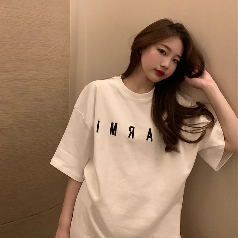 Brownm Brownm Sleeve T-Shirt Women's Ins Tide Loose Korean Version Medium Long Short Sleeve Letter Embroidered Jacket Women's Summer 2024 New