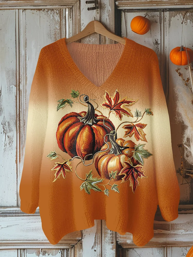 Fall Harvest Pumpkin Art Print V-Neck Sweater