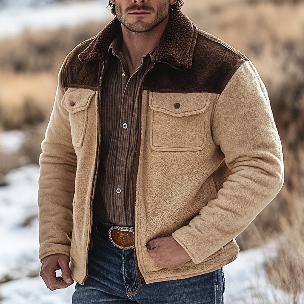 Men's Vintage Fleece Color Block Fur Lapel Collar Outdoor Jacket-inspireuse