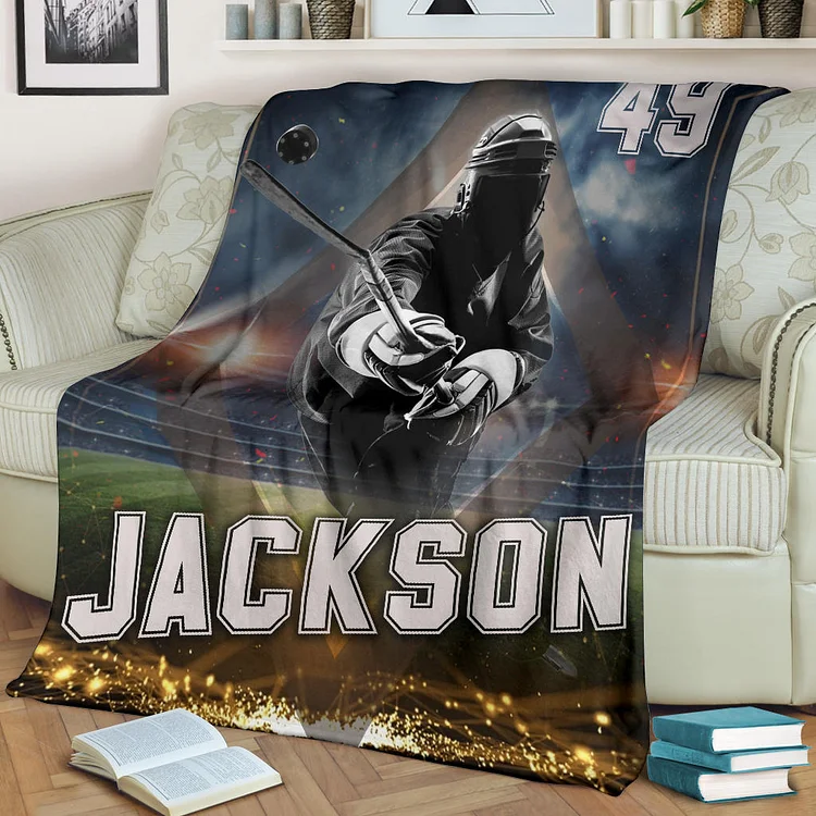Personalized Hockey Blanket, Ice Hockey Sherpa Fleece Blanket | BKKid567