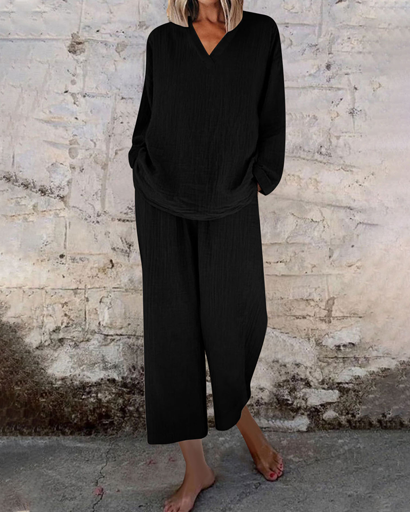 V Neck Loose Top & Wide Leg Side Pockets Pants Solid Color Set