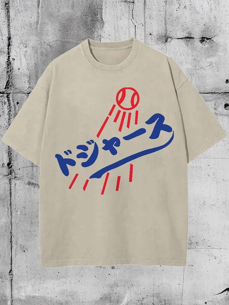 Men's Japanese Baseball Print Cotton Washed T-Shirt
