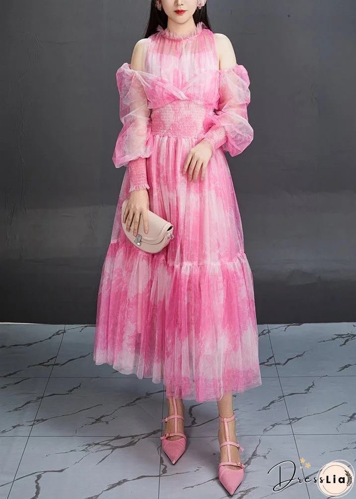 Stylish Pink Ruffled Print Elastic Waist Tulle Long Dresses Fall