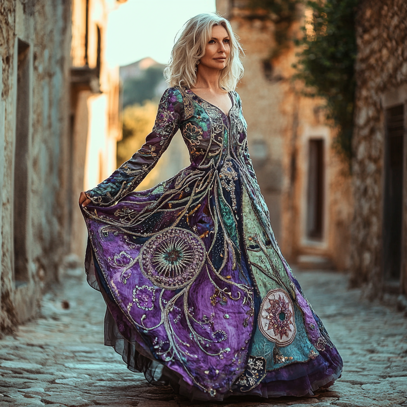 Vintage linen dress with star and sun embroidery 3d98