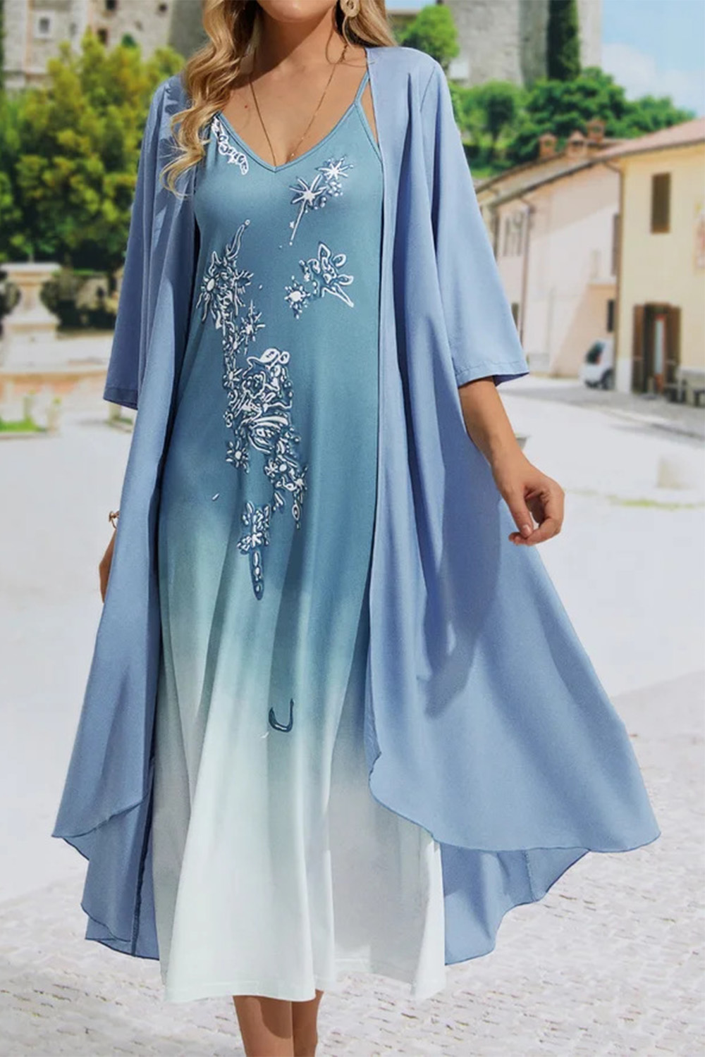 Plus Size Vacation Sky Blue Chiffon Marble Print 3/4 Sleeve Two Piece Midi Dress With Jacket 2024 - Flycurvy 
