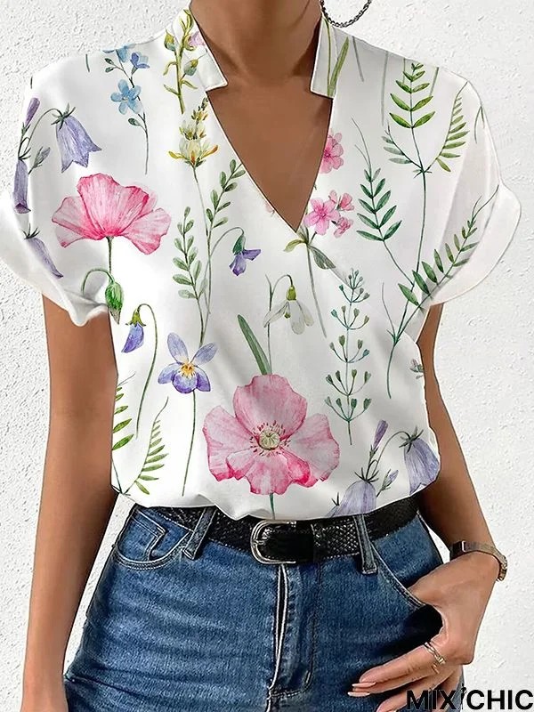 Loose Short Sleeves Floral Printed Split-Joint Stand Collar Blouses&Shirts Tops