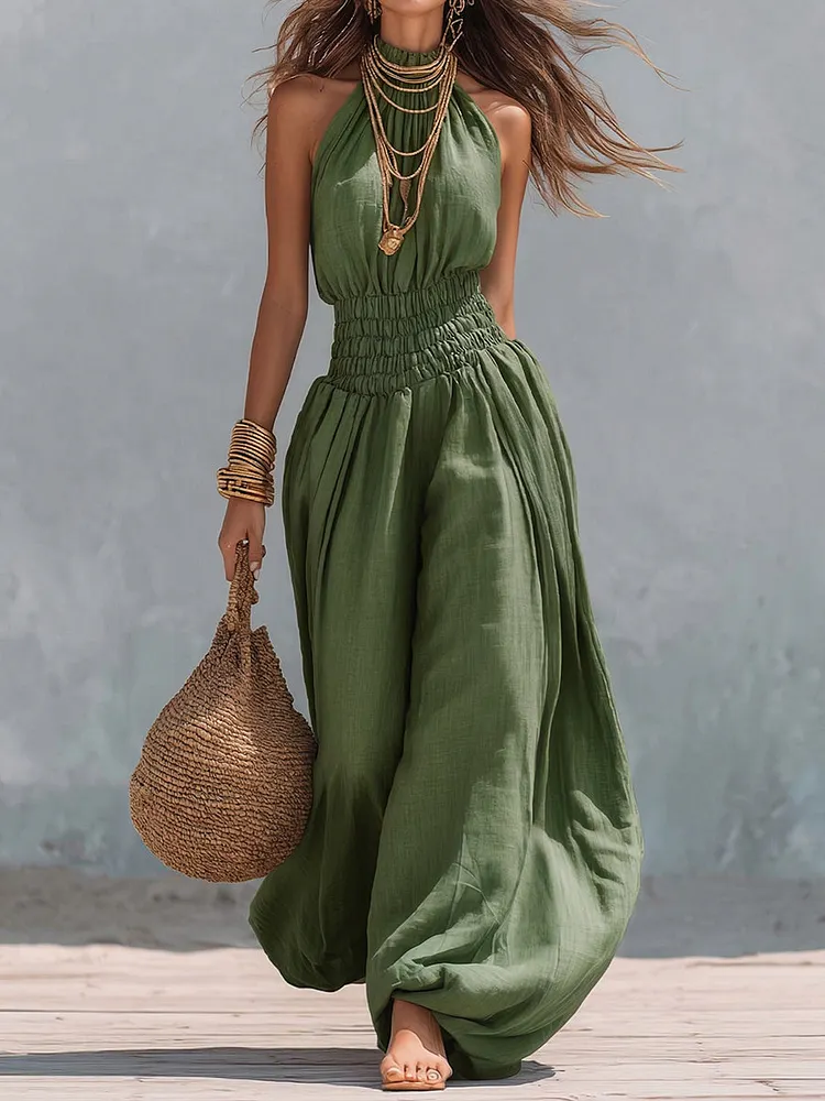 Retro Halter-neck Elasticized Waist Jumpsuit