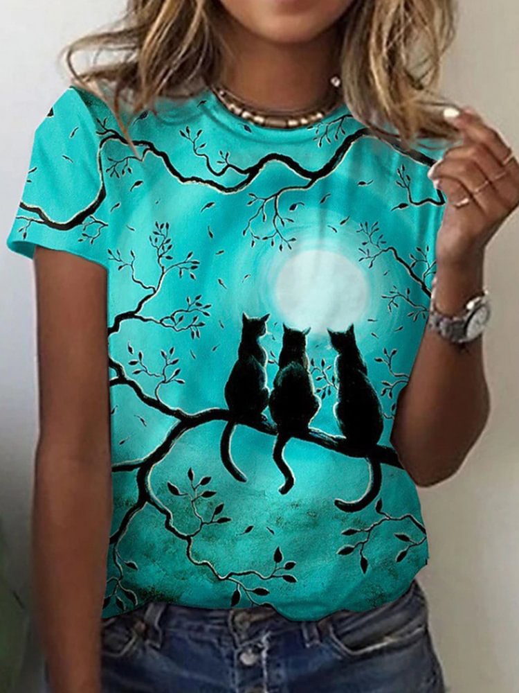 Vefave Lovely Cat Print Casual Tee