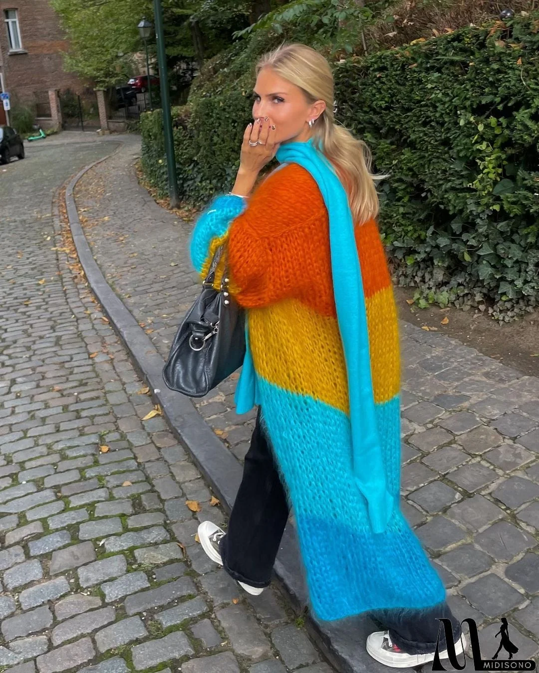 MidiSono - Mohair Sweaters For Women Autumn Color Block Long Sweater Autumn Cardigans