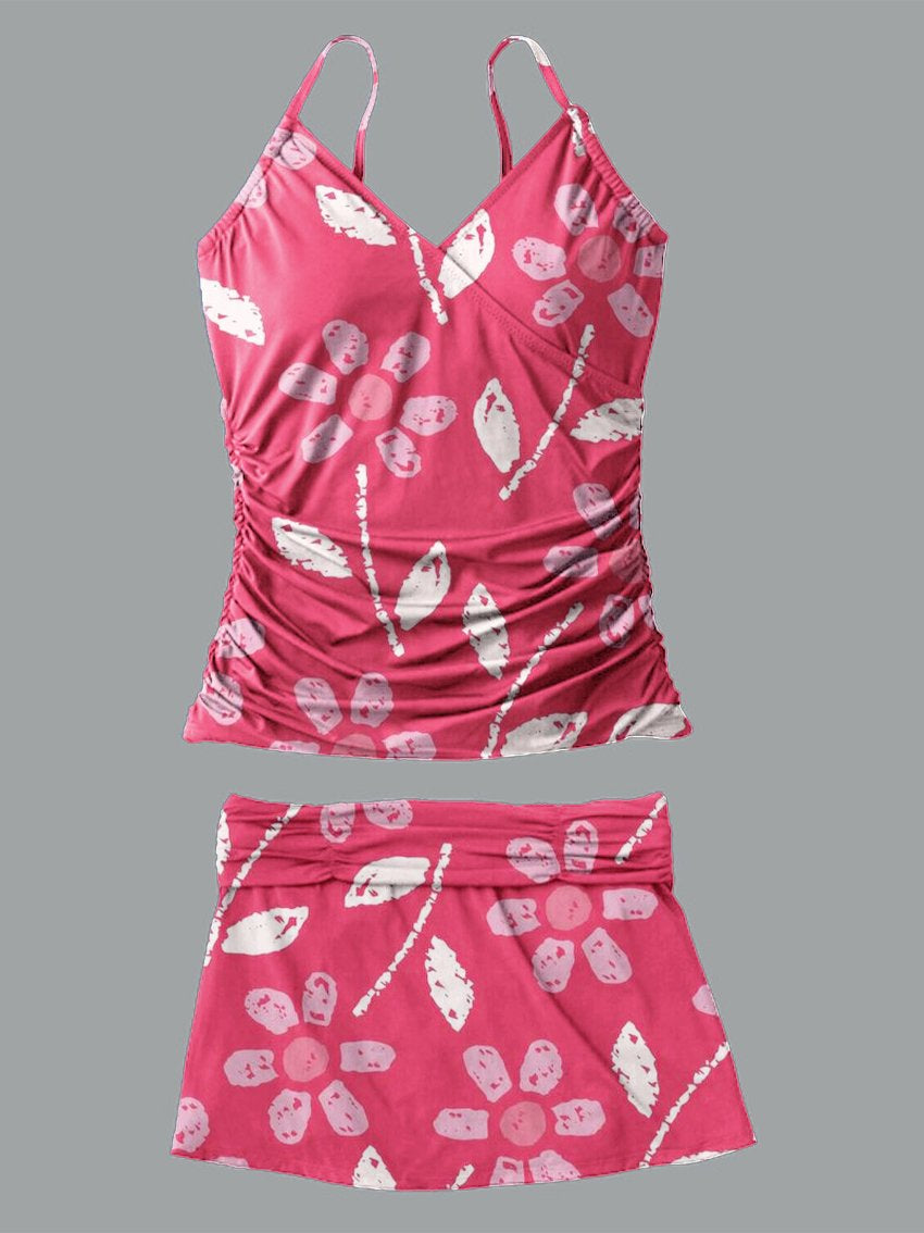 Women’s V-neck Floral Print Suspender Skirt Tankini Set Swimsuit