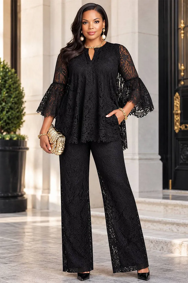 Xpluswear Design Plus Size Daily Black Flare 3/4 Sleeve Pocket Lace Two Piece Pant Sets [Pre-Order] 2024 - Xpluswear