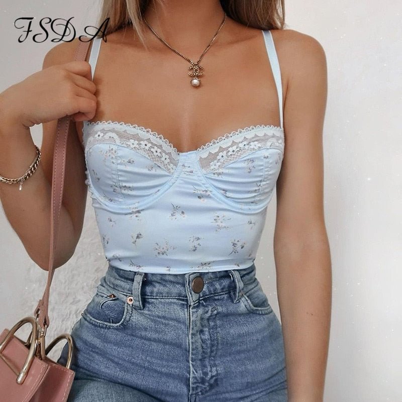 FSDA V Neck Floral Print Tube Crop Top Women Casual Summer Sleeveless Spaghetti Strap Party Off Shoulder Lace Tank Tops Sexy