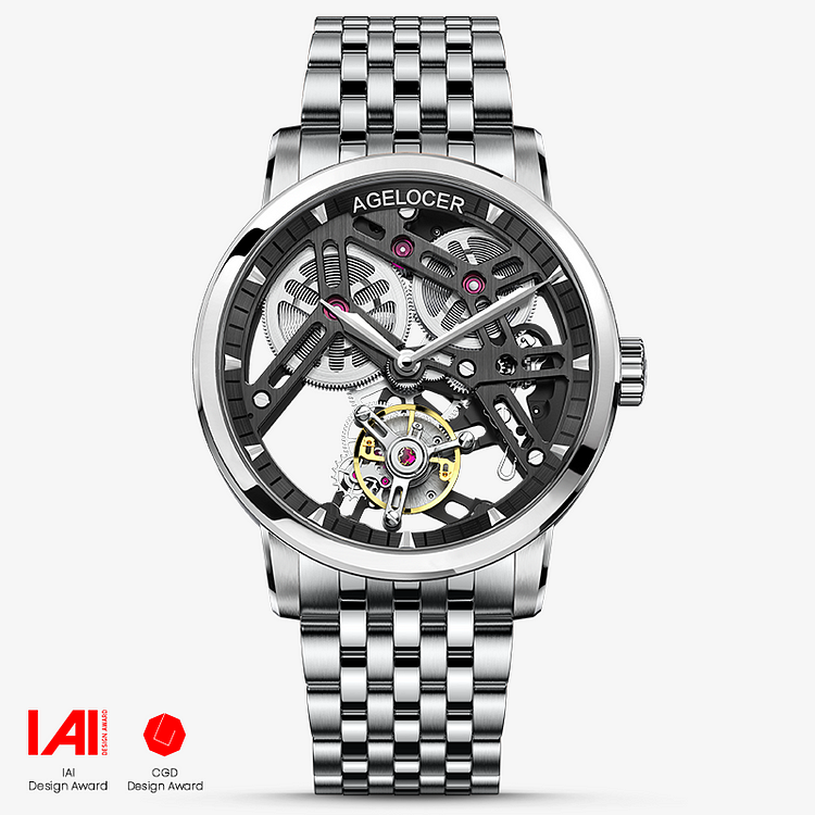 Agelocer Free-Sprung Tourbillon Men's Skeleton Mechanical Watch-Steel Strap
